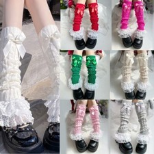 Women Layered Lace Trimmed Fairycore Cable Knit Leg Warmers Cute Bows Long Socks