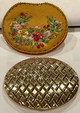 RARE VTG EVANS BRASS COMPACT MIRROR HAND MADE EMBROIDERED FLORAL BEADED COVER