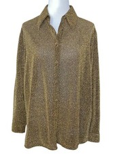 Vtge Women s Medium 80 s Party Gold Sparkly Disco Button-up Long Sleeve Blouse