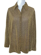 Vtge Women’s Medium 80’s Party Gold Sparkly Disco Button-up Long Sleeve Blouse