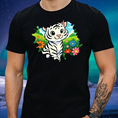 Herren T-Shirt Weißer Tiger im Blumen Garten  Motiv Baumwolle Größe XS bis 5XL