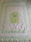Vintage Baby Quilt Appliqued Dog 33x41 Machine Quilted Prairie Points Green