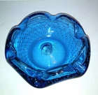 Vintage Blenko Glass Crimped Controlled Bubble Ashtray Turquoise Blue 6 1/2"