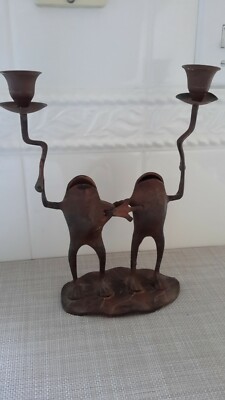 Vintage Cast Iron Double Frogs Interlocking Arms Holding Candlesticks ...