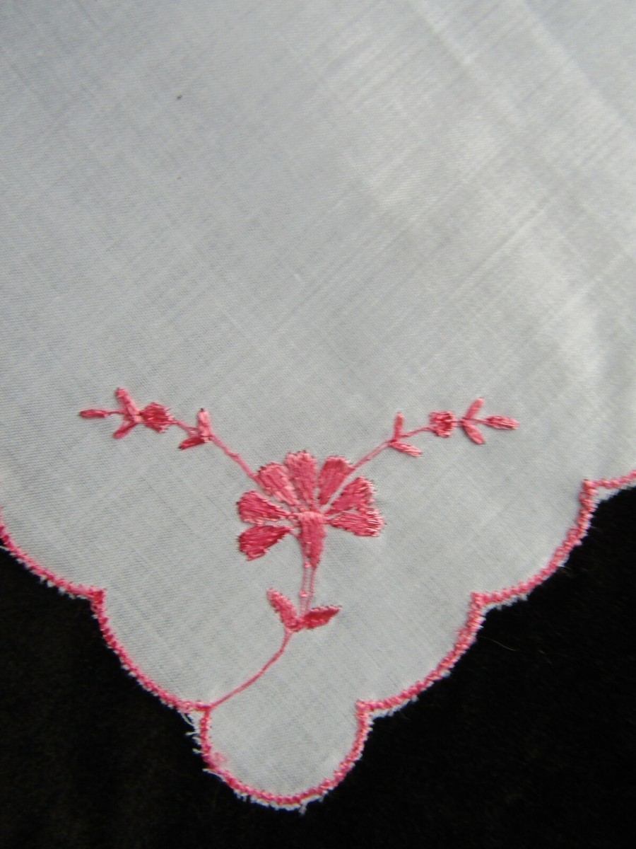 Vintage Embroidery Hankie Pink Flowers Handkerchief Emb Floral
