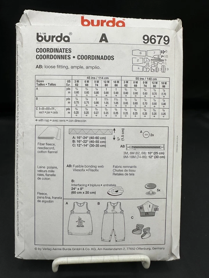 Burda 9679 Pattern Infant Fleece Flannel Romper Overalls Jumper 3M to 18M UNCUT - Image 2 of 2