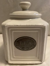 THL Farmhouse Shabby Chic Tea Canister Jar White with Brushed Aluminum Label