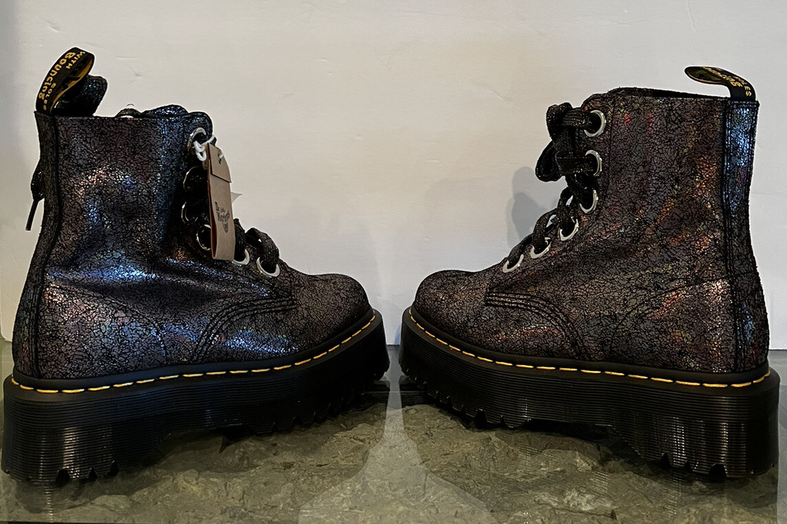 DR. MARTENS MOLLY GUNMETAL IRIDESCENT CRACKLE PLATFORM BOOTS BOHO