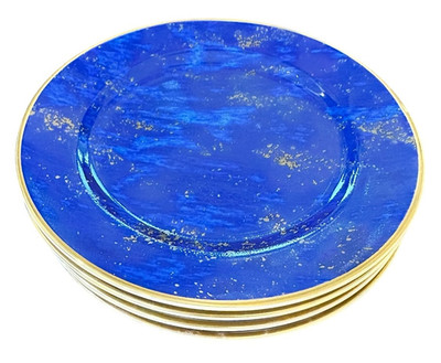 L OBJET FOR NEIMAN MARCUS 6-5/8'' BREAD PLATES SET OF 4 LAPIS BLUE LAZULI & GOLD