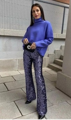 Zara woman Full Sequence Legging Flared Purple Trousers Size S Party