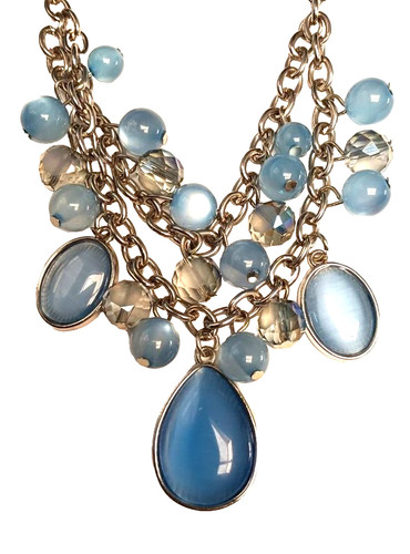 Paparazzi Dewy Disposition Blue Necklace Silver Multi Strand Cats Eye Teardrop