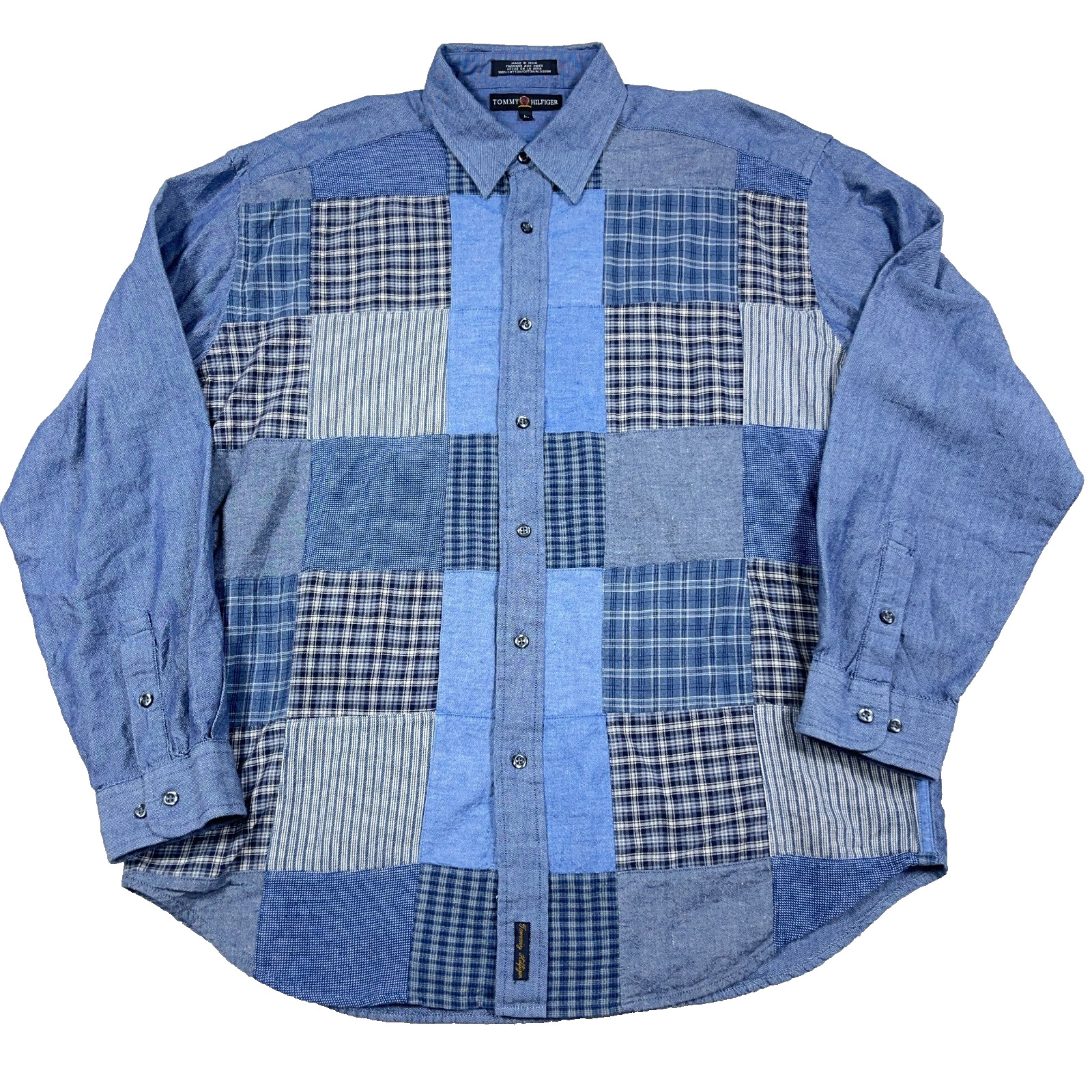 Vintage Tommy Hilfiger Shirt Men Large Blue Chambray Button Up Patchwork 90s