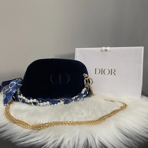 DIOR Sac à main maquillage velours bleu marine avec chaîne Sac à main pochette bandoulière Neuf