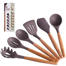 Mapthon Silicone Cooking Kitchen Utensils Set 6 PCS with Wooden Handle
