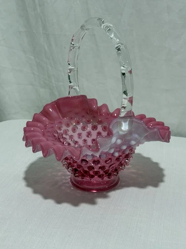 Fenton Cranberry Hobnail Basket 8” Tall Vintage