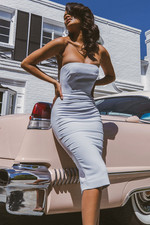 NEW House of CB Isabella Strapless Crepe Sheath Bodycon Midi Dress Light Blue XS