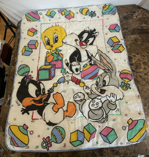 Vtg 90  s Gerber Looney Tunes Plush Baby Crib Blanket Tweety Sylvester Bugs Bunny