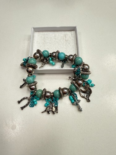 Western Cowgirl Charm Stretch Bracelet Turquoise Silver Beads Horseshoe Cross