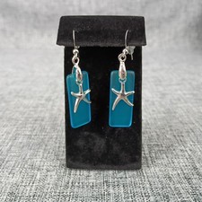 Beach Sea Glass Earrings Blue Silver Starfish Pierced Hooks Turquoise Dangles