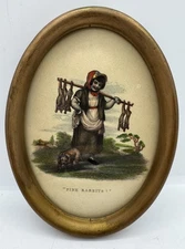 Antique Oval Chromolithograph “Fine Rabbits!” Country Girl Print in Wood Frame