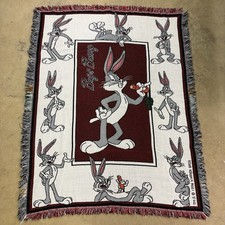 Vintage 90s 1996 Bugs Bunny Looney Tunes Cartoon Woven Tapestry Blanket 42x56 in