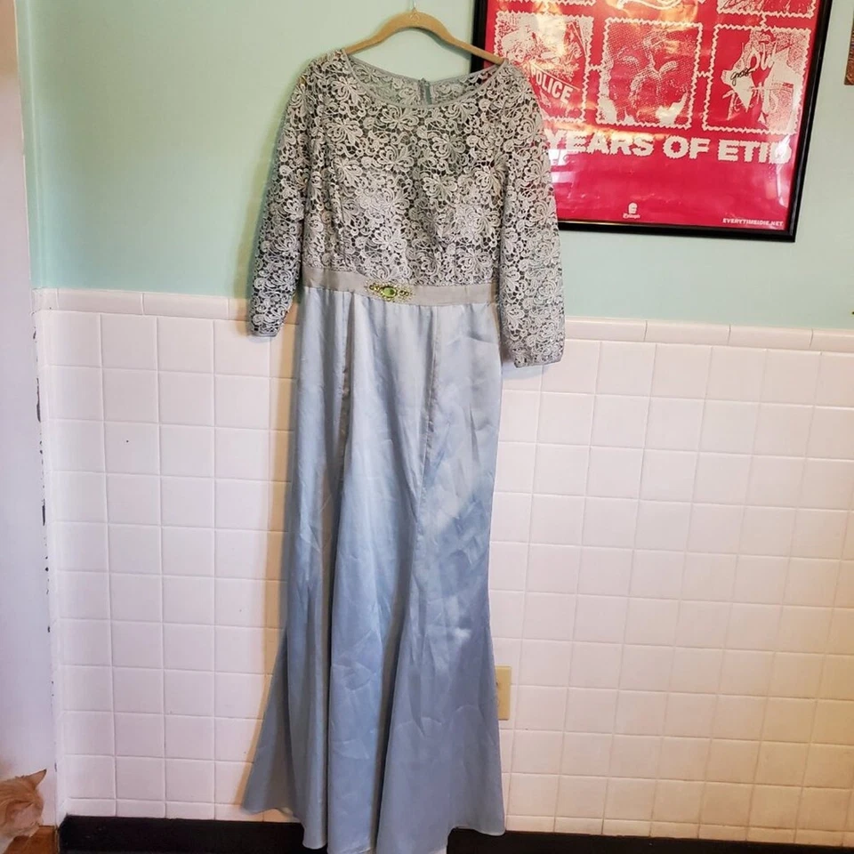 Adrianna Papell Pastel Blue Knit Jeweled 3/4 Sleeve Maxi Dress Gown Bridesmaid - Image 2 of 4