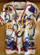 Vintage ESCADA by MARGARETHA LEY, 34, 100% Silk Short Sleeve Blouse, Equestrian