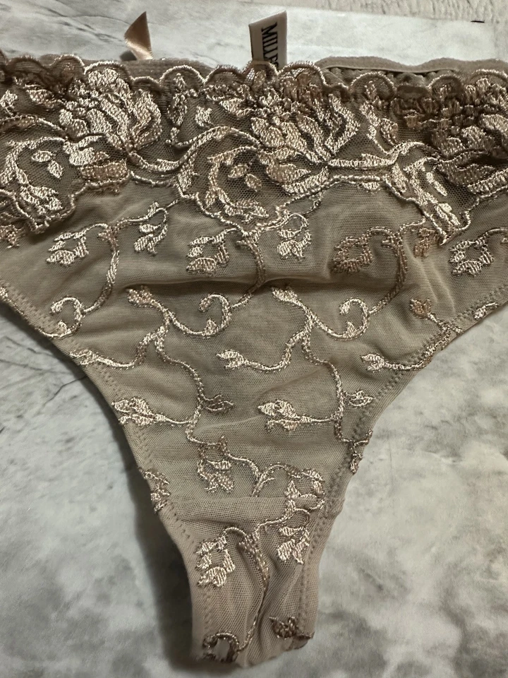 NWOT Millesia Mesh Embroidered Thong Size 2 - Taupe Color - Floral - Image 2 of 4