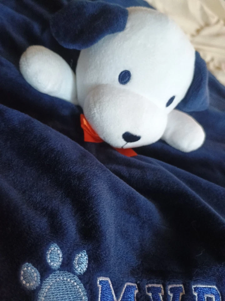 Manta de seguridad Baby Starters cachorro azul sonrisa Lovey satinado orejas traseras sonajero Foto 3 de 4