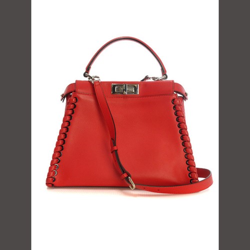 Fendi Peekaboo Regular 2-Way Leather Handbag Shoulder Bag Red Women