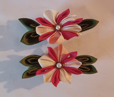 Lot Of 2 Vintage Silk Flower Hair Clips Barrettes Handmade In France