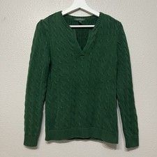 Lauren Ralph Lauren Green Cable Knit Cotton V Neck Sweater Size Large