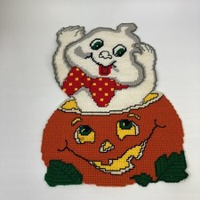 VTG Halloween Plastic Needlepoint Ghost JOL 18" Canvas Wall Hanging Decoration