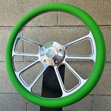 14 Billet 4 Spoke Steering Wheel W Green Vinyl Half Wrap And Plain Horn 14 Billet 4 Spoke Steering Wheel W Green Vinyl Half Wrap And Plain Horn
