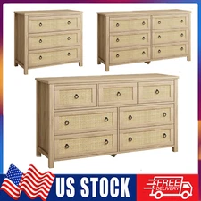 Rattan 7 Dresser Wooden Closet Dressers Chest of Drawers for Bedroom Living Room