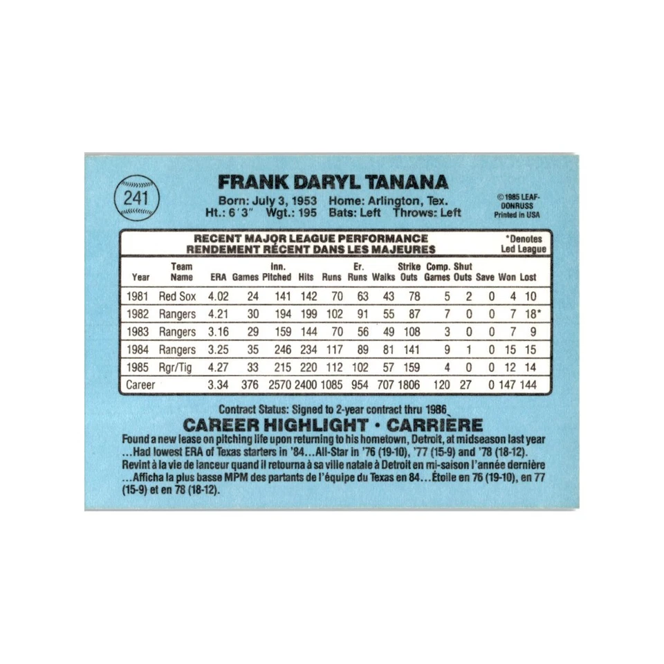 Frank Tanana 1986 Leaf #241 Detroit Tigers Baseball Card NM - Image 2 of 3