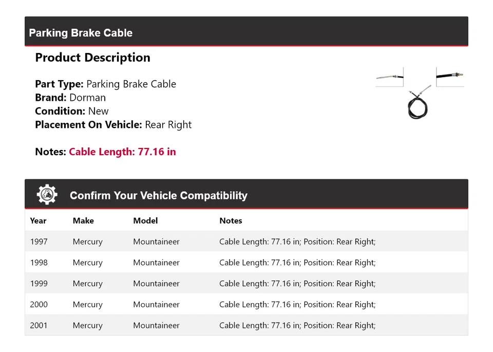 Задний правый трос стояночного тормоза для 1997-2001 Mercury Mountaineer Dorman 1998 - Изображение 2 из 4