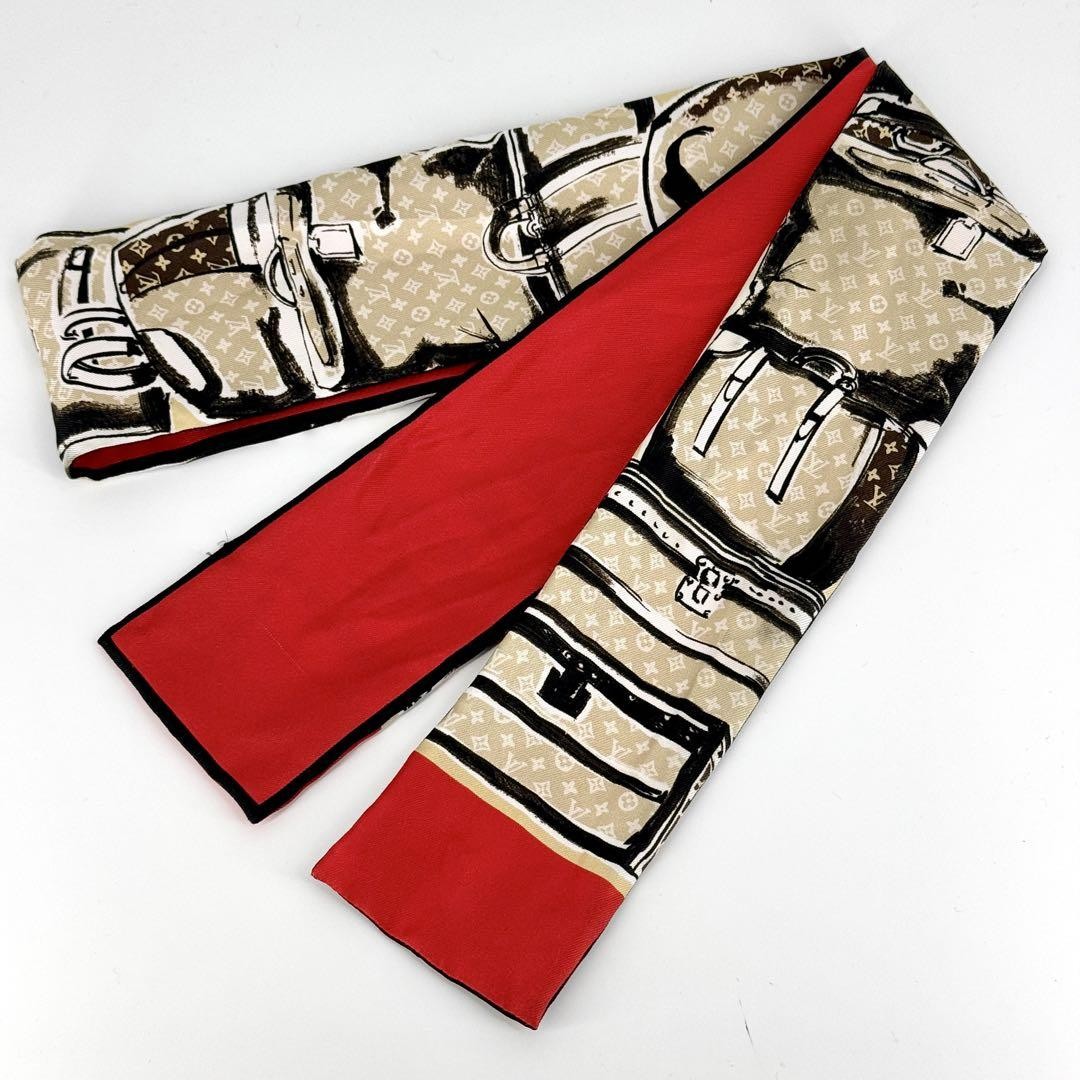Louis Vuitton Bandoo Trunk Narrow Scarf in Beige Red Monogram Print