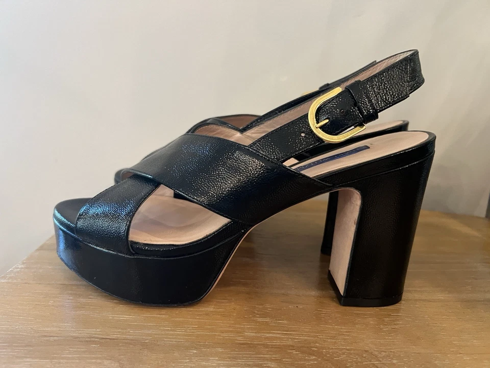 Stuart Weitzman Jerry Sandal Size 8 Black Pebble Leather Block Heel Slingback - Image 2 of 4