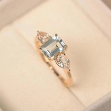 3.05 Ct Natural Aquamarine Diamond 3 Stone Engagement Ring 14K Solid Yellow Gold