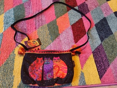 Laurel Burch Cat Kitty Patchwork Crossbody Bag Medium Tote Multicolor Canvas NEW