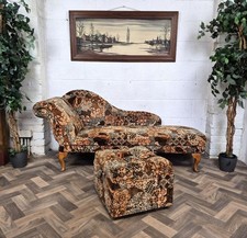 Vintage 70's Chaise Lounge & Footstool Pouffe Brown Retro Mid-Century Kitsch MCM