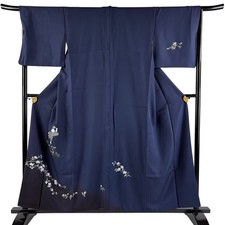 JAPANESE KIMONO TSUKESAGE Dark blue 156.5cm 5 ft 2 in PURE SILK AA8794