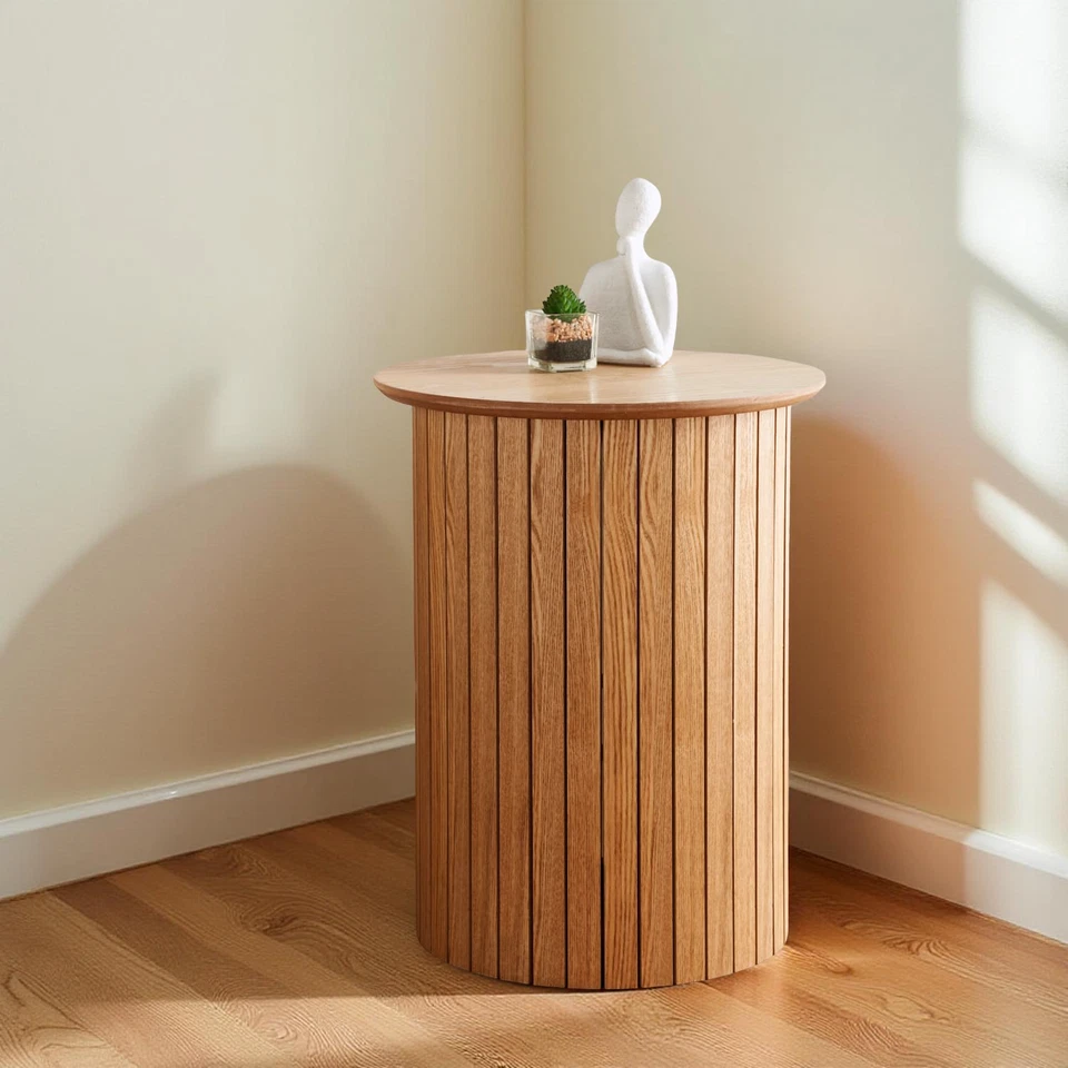 Oak Effect  Round Side Table Coffeee Table Panelled Table Home Furniture - Image 4 of 4