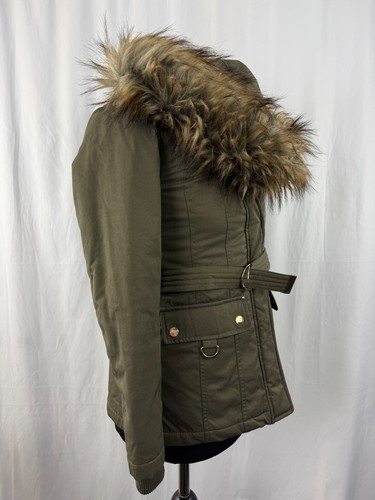 Womens Miss Selfridges Coat parka Petite Faux Fur Hooded Green Cotton Size 8 - Picture 19 of 22