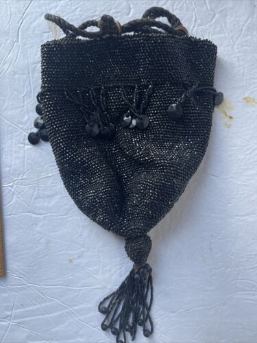 1920’s Flapper Black Glass Beaded Handbag Tasseled Drawstring Purse Evening Bag - Picture 10 of 15