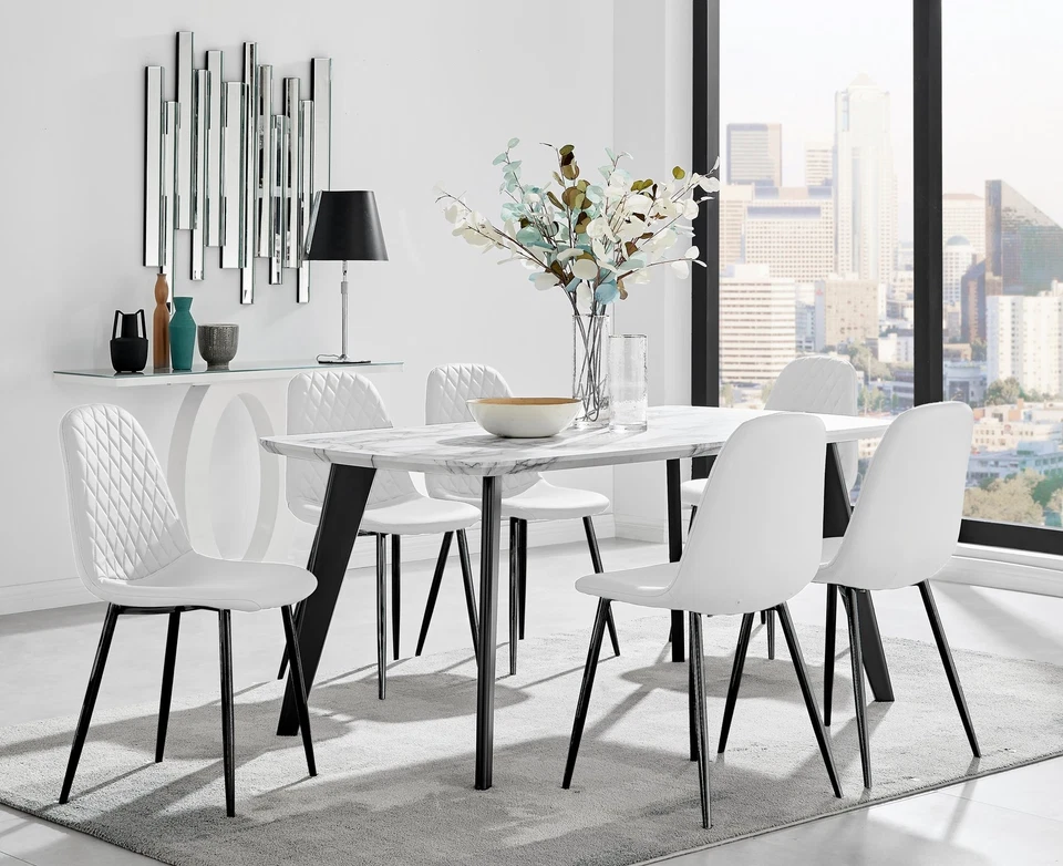 ANDRIA White Marble Effect & Black Leg Dining Table & 6 Faux Leather Chairs