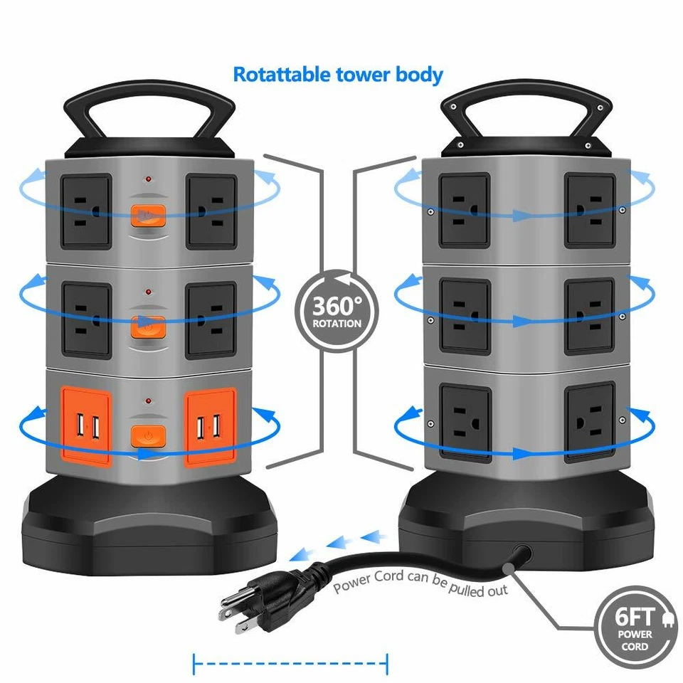 Power Strip Tower 10 Outlets 4 USB Ports Surge Overload Protector with 6FT Cord - Image 3 of 4