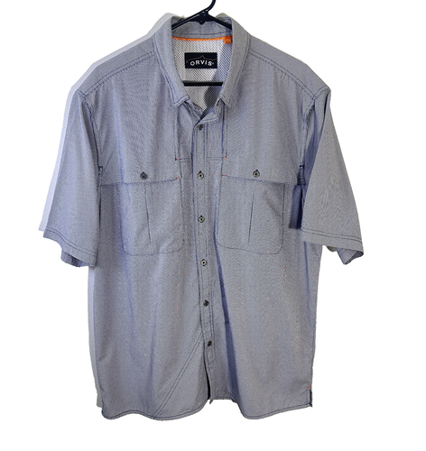 Orvis TroutBum Mens Vented SS Gray Seersucker Pattern Button-Down Fishing Shirt
