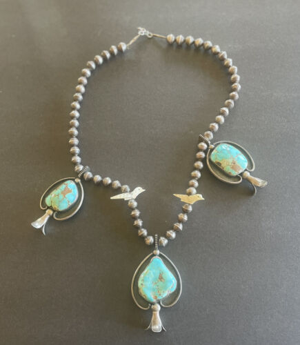 Navajo Squash Blossom Necklace Turquoise Indian H… - image 1